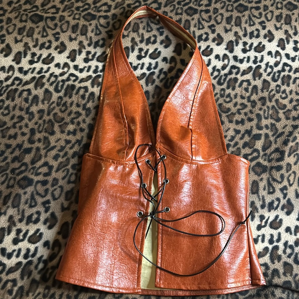 Burnt Color Leather Halter Top
